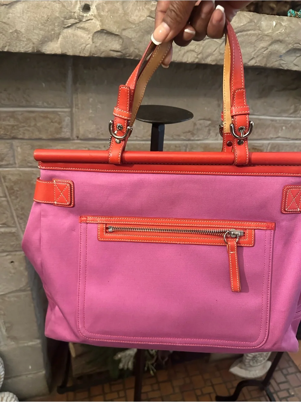 Vintage Coach Pink and Orange Hampton turnlock Canvas Tote with Buckle Front